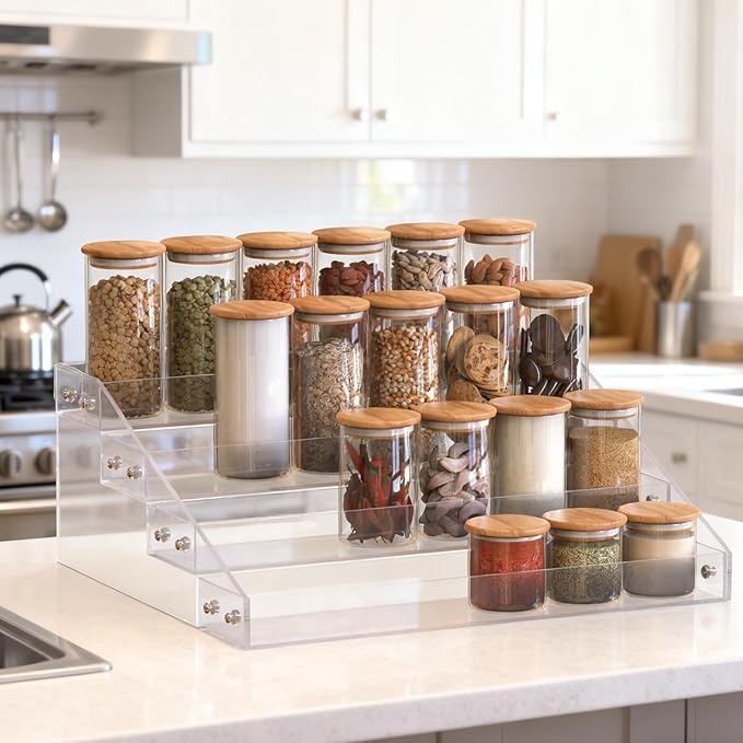 4 Step Acrylic Spice Rack Organizer for Cabinet, Transparent Display Riser Shelf Seasoning Organizer for Countertop Cupboard Pantry, Condiment Jar Kitchen Storage Holder Stylish Display Stand