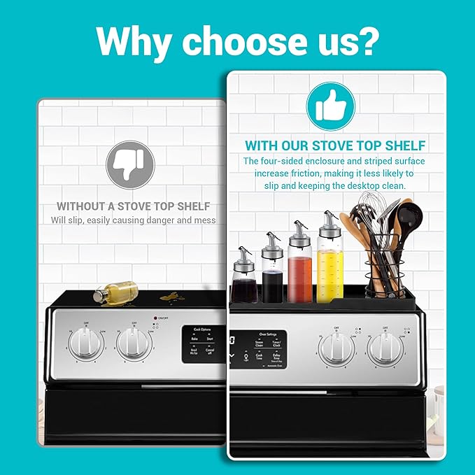 30" Stove Top Shelf, Soft and Heat Resistant,With 6 Suction Points,Fixed 3 Compartment Design For Storing Spices And Cooking Tools, Space Saving, Suitable For The Back Of The Stove, Black.