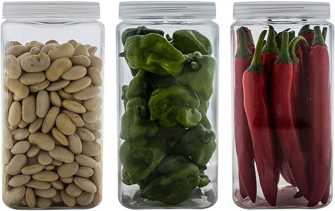 Silicook Clear Plastic Jar, Set of 3-30oz, Square Shaped, Transparent, Food Storage Container, Kitchen & Household Organization for Dry goods, Spices, Vegetables, Ingredients and More