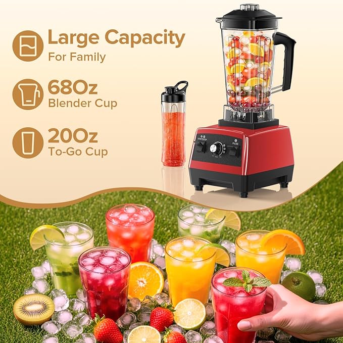 Blender, Blenders for Kitchen with 68Oz. Pitcher and 20Oz. To-go Cup, Countertop Blender for Smoothies, Ice Crushing, Frozen Fruits, Red