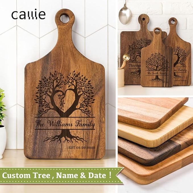 Personalized Wood Engraved Charcuterie Boards with Handle - Custom Reversible Cutting Board S M L - Customized Bridal Shower, Wedding, Anniversary and Housewarming Gifts (Tree of Life)