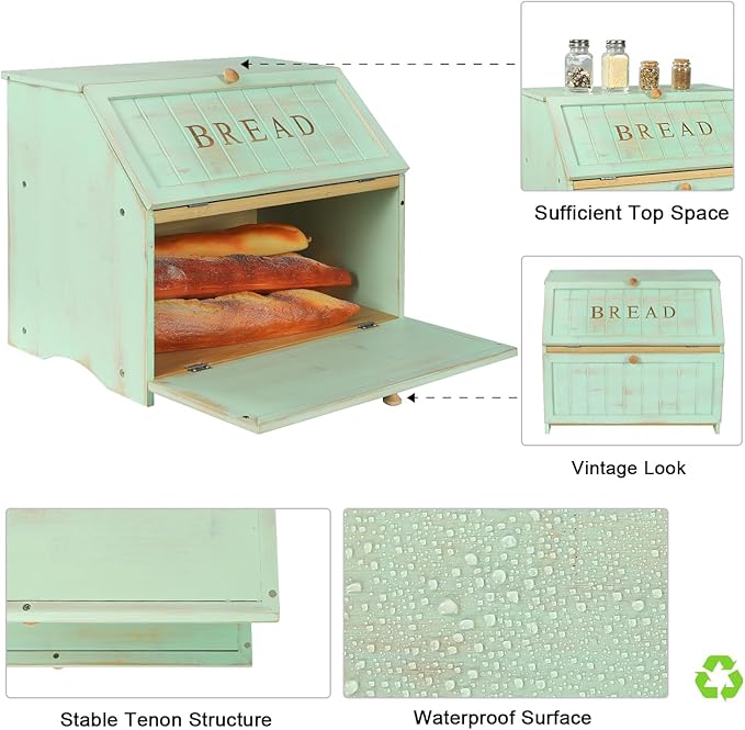 HOMEKOKO Double Layer Large Bread Box for Kitchen Counter, Retro Design Wooden Large Capacity Bread Storage Bin (Mint Green)