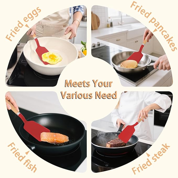 Silicone Spatula Turner, Heat Resistant Pancake Flipper Spatulas for Nonstick Cookware, Cooking Utensils with Wood Handle for Serving, Baking, Frying, Egg, Fish and Burger (1, Red)
