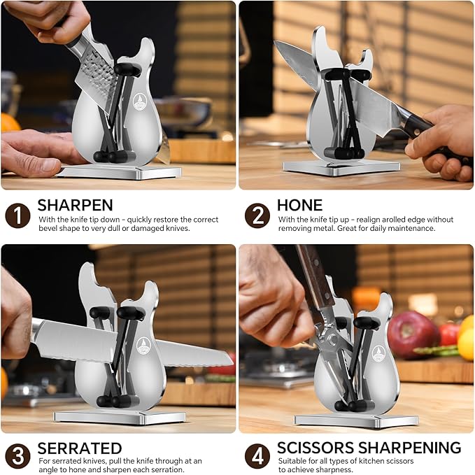 WWN Professional Knife Sharpener, Stainless Steel Sharpening Tool for Kitchen Knives with Self-Adjusting Angle, 3-Action Quick Edge Manual Sharpener with Straight Blade Knives for Chefs & Home Use