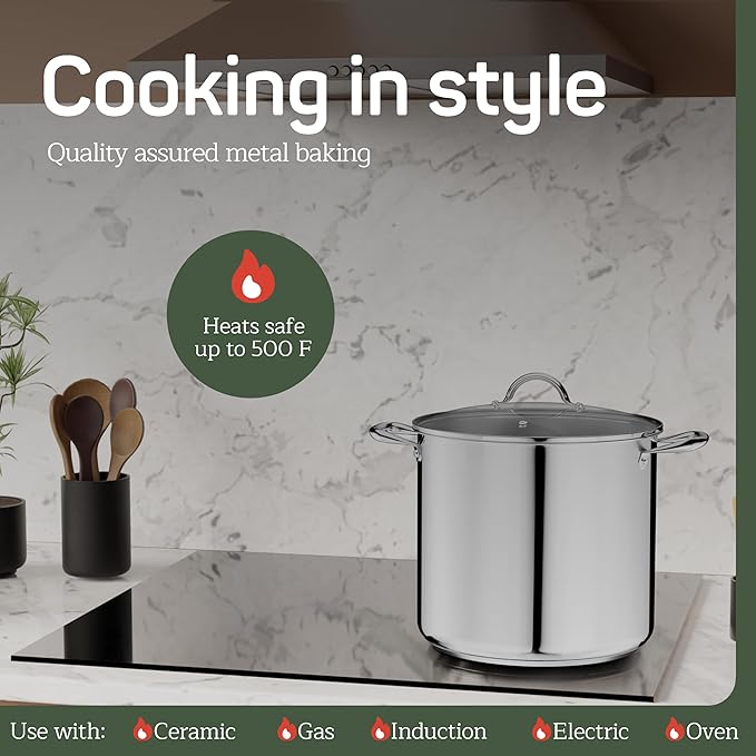 Stainless Steel Stockpot with Tempered Glass Lid 20 Quart, Durable 18/0 Stainless Steel, Impact-Bonded Base for Even Heating, Riveted Handles, Oven & All Stove Compatible, Safe Up To 500°F (260°C)