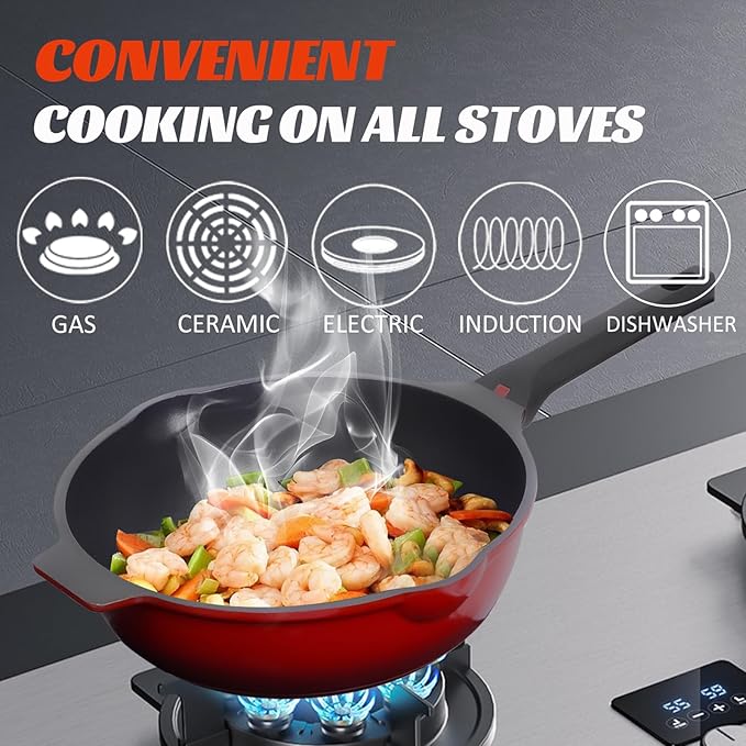 Nonstick Deep Frying Pan Skillet with Lid, 12 inch/ 5 QT Saute Pan with Silicone Spatula, Sauce Pan Cookware Cooking Chef Pan, Induction Compatible, Cast Aluminum Ruby Red