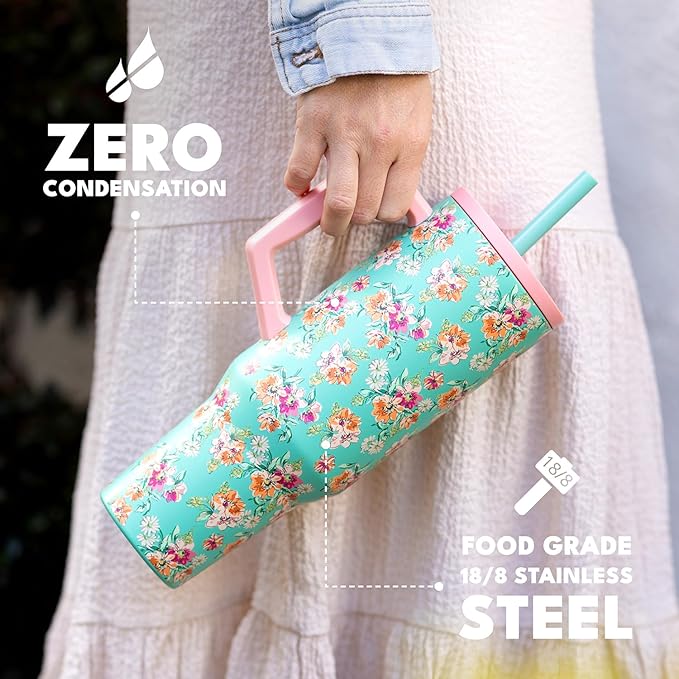 Elemental 40 oz Tumbler with Handle and Straw - Spill Proof Insulated Stainless Steel Commuter for Hot and Cold Beverages - Travel Coffee Mug with 2 Straws & Spill Proof Lid - 40oz - Vintage Flower
