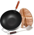 13.5" Carbon Steel Wok Pan with Wooden Lid Standable,Pre-Seasoned Flat Bottom Woks & Stir-fry Pans Chinese Cookware Compatible with Induction, Gas Pan-fry,Stir Fry, Steam, BBQ & Camping