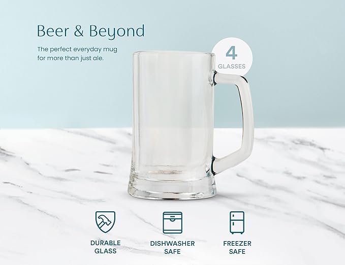 KooK Beer Mugs, Glasses Set of 4, 12.7 Oz, Clear Large Mugs, Gift for Men, With Handles, Large Drinking Cups for Tea, Coffee, Root Floats, Dishwasher and Refrigerator Safe, Durable