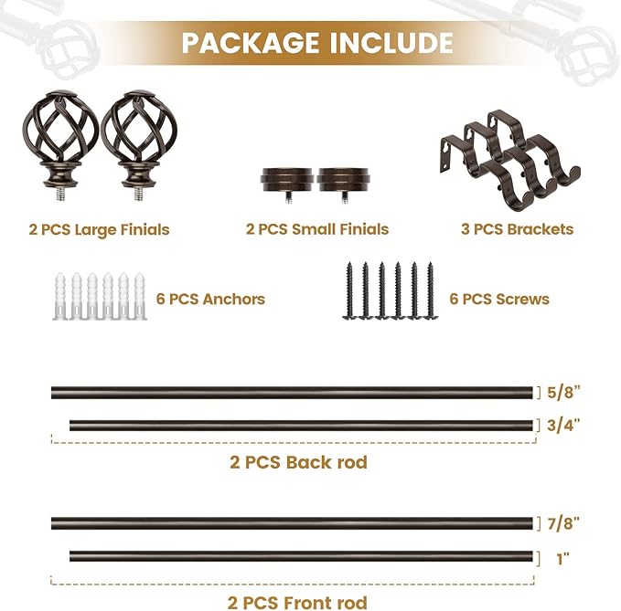 KAMANINA 1 Inch Double Curtain Rods 36 to 72 Inches (3-6 Feet) Window Telescoping Drapery Rod, Antique Bronze Heavy Duty Curtain Rods for Windows 24 to 68 Inches, Twisted Cage Finials