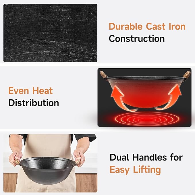 WANGYUANJI 11.8 Inch Handmade Cast Iron Wok with Dual Handles, Small Round-Bottom Chinese Wok for 1–2 Servings, Uncoated Stir Fry Pan for Gas Stoves & Open Flame Cooking