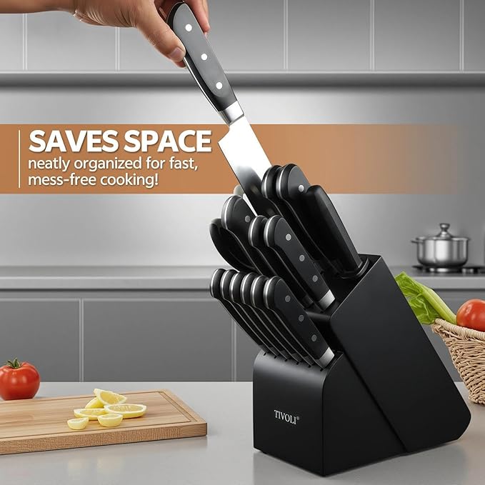 TIVOLI Knife Block Set, 15 PCS Kitchen Knife Set with Block & Sharpener Steel & Kitchen Scissor, High Carbon Stainless Steel Cutlery Knife Set, Ergonomic Wood Handle, Gifts For Cooks, Black