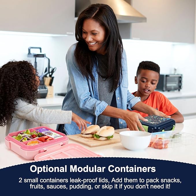 Caperci Bento Box for Kids - Leak-Proof Lunch Box Snack Container with 2 Modular Containers & 4-Compartment, Hold 4.8 Cups, Portable Handle, BPA-Free, Microwave/Dishwasher Safe (Dinosaur)