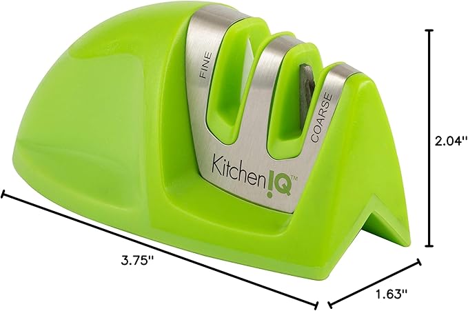 KitchenIQ 50881 - Edge Grip 2-Stage Knife Sharpener - Green - Coarse & Fine Sharpeners -Compact for Easy Storage - Stable Non-Slip Base - Soft Grip Rubber Handle - Straight & Serrated Knives