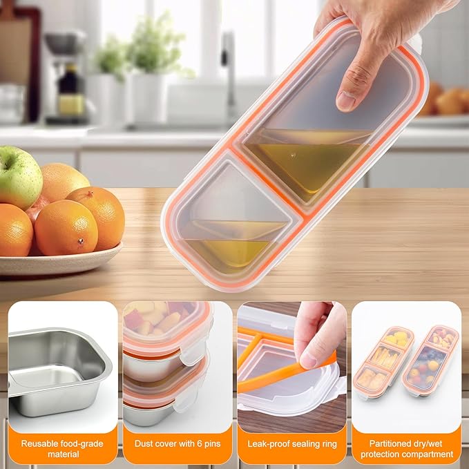 Stainless Steel Snack Containers with Lids, Reusable 2 Compartment Condiment Boxes, Stainless Steel Children's Fruit Box for School,Travel, Office and Outdoors