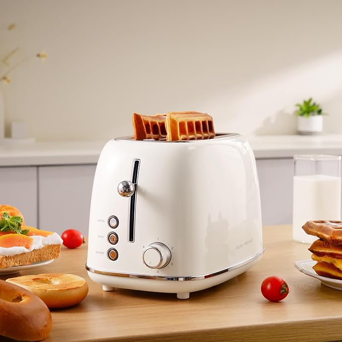 Roter Mond 2 Slice Toaster Retro Stainless Steel with Bagel, Cancel, and Defrost Functions, 6 Bread Shade Settings, Extra Wide Slots and Removable Crumb Tray, Cream