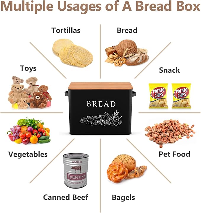 P&P CHEF Bread Box for Kitchen Counter, Metal Bread Storage Bin with Wooden Cutting Lid, Large Capacity for Holding 2+ Loaves, Retro Modern Style, Size 13” x 7.2” x 9.7”, Black