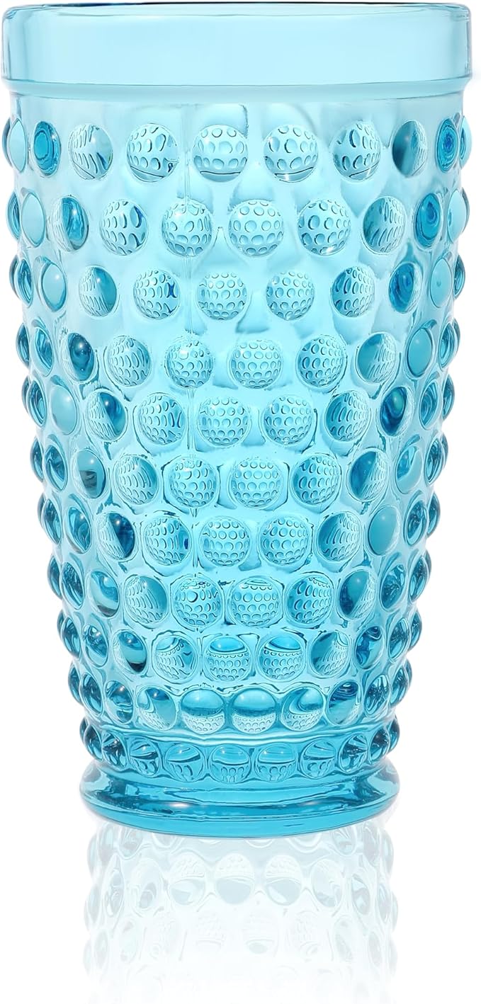 G Light Blue Hobnail Drinking Glasses 13 oz 6 Set, Premium Hobnail Highball Glasses,Vintage Glassware For Soda,Juice,Milk,Coke, Beer,Spirits In Dinner Parties, Stackable, Dishwasher Safe For Daily Use