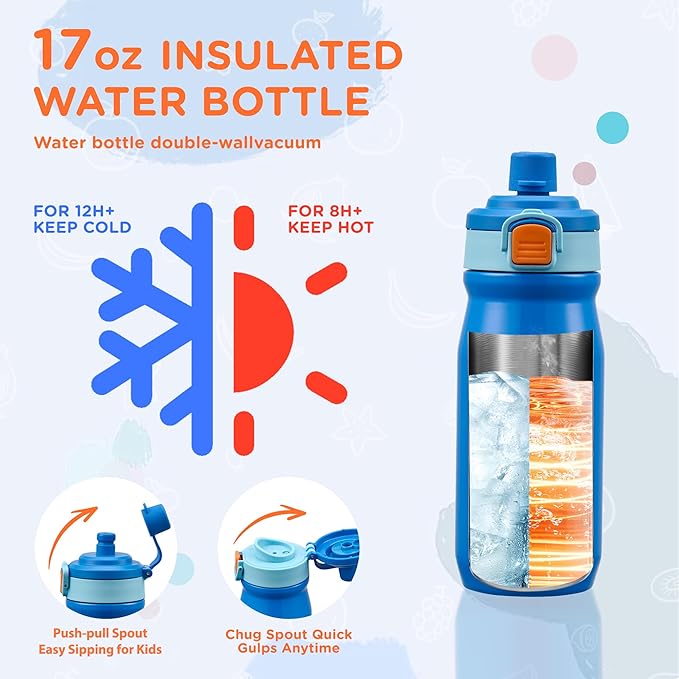 MAISON HUIS Bento Box for Kids with 8oz Soup Thermo, Insulated Lunch Bag & 17oz Water Bottle, 2-Compartment Bento Box with Built-In Ice Pack, Leak-Proof & BPA-Free (Blue)