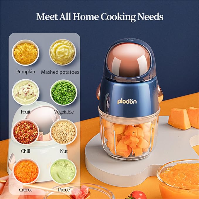 Baby Food Maker Mini Cute and Small Food Processor Puree Blender Grinder Chopper 300ml Cup Glass Bowl with 8 Blade Electric (Spaceman-Blue)