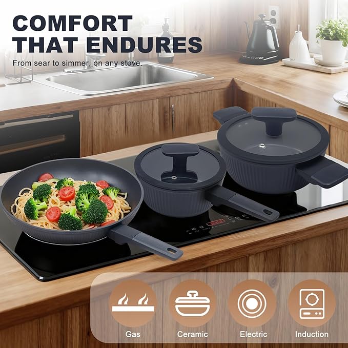 Nonstick Cookware Set Non Toxic, 5-Piece Pots and Pans Set, PFOA/PTFE Free, Induction Ready & Dishwasher Safe, Ceramic Coating for Easy Release