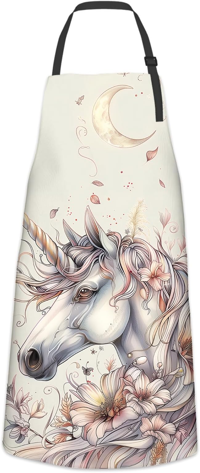 Fantasy Unicorn Apron for Women Men, Cooking BBQ Chef Polyester Lightweight Pretty Graceful Unicorn Aprons with Pockets for Baking Kitchen Gardening Cleaning, Adjustable Neck Strap, 28×33inch
