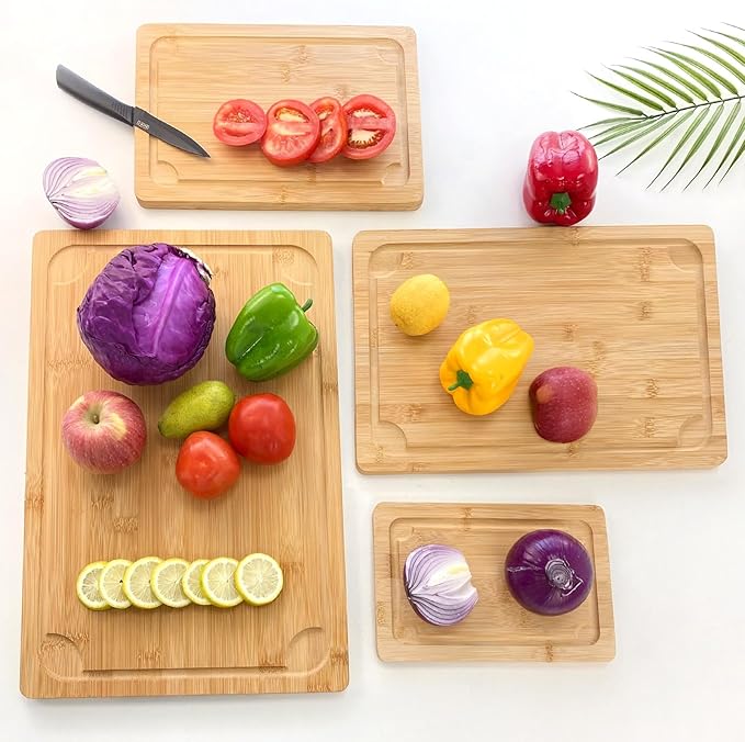 4 Piece Extra Large Bamboo Cutting Board Set For Kitch, Heave Duty Wood Cutting Board With Juice Groove Pre Oiled Chopping Board Set For Meat Vegetable Fruits