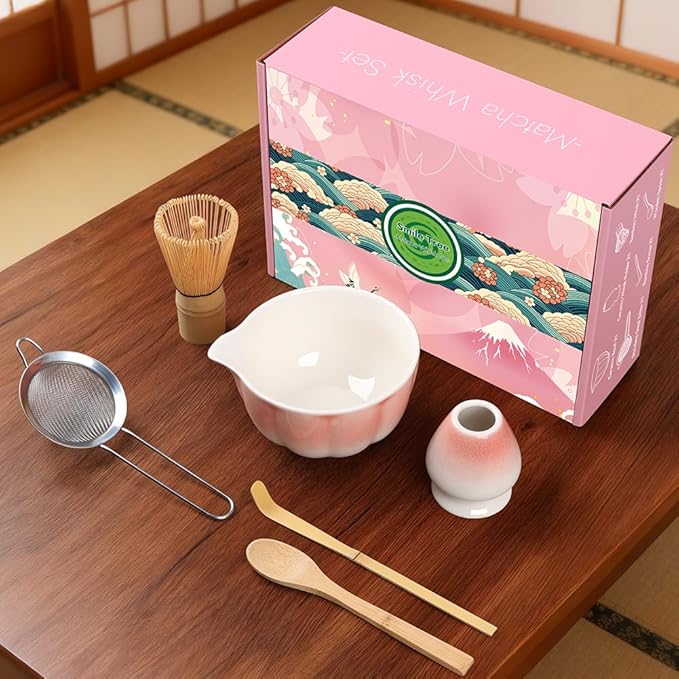 Matcha Whisk Set, 6 PCS Matcha Set-Ceramic Bowl, Matcha Whisk, Whisk Holder, Scoop, Spoon & Sifter, Complete Tea Ceremony Kit Set, Gift Box for Friends & Family, Christmas, Birthday (Pink)