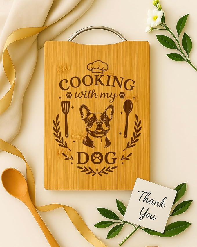 Bamboo Cutting Board, Funny Dog Lover Gift, Handmade Kitchen Decor – Cooking with My Dog (Boston Terrier)