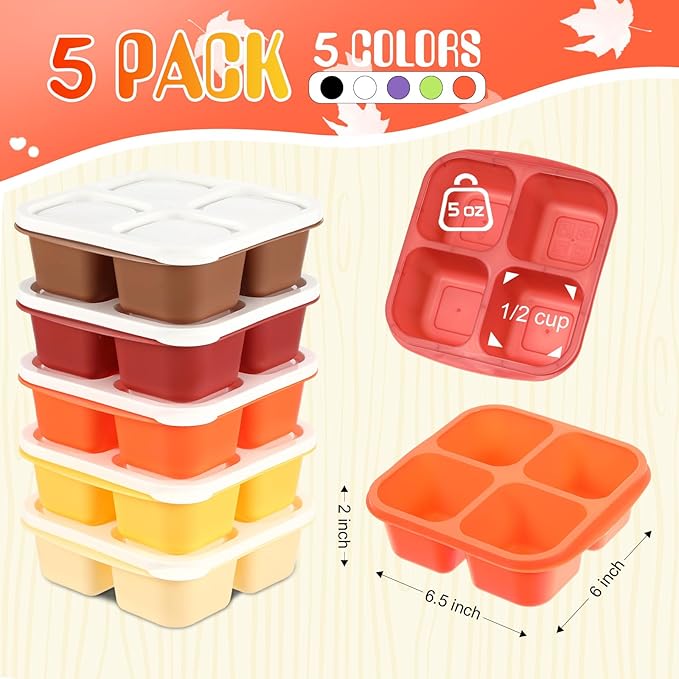 Honeydak 5 Pack Snack Containers 4 Compartment Bento Snack Boxes Reusable Lunchable Containers with Lids Divided Meal Prep Lunch Food Storage Box for School Work Travel(Thanksgiving,Equal)