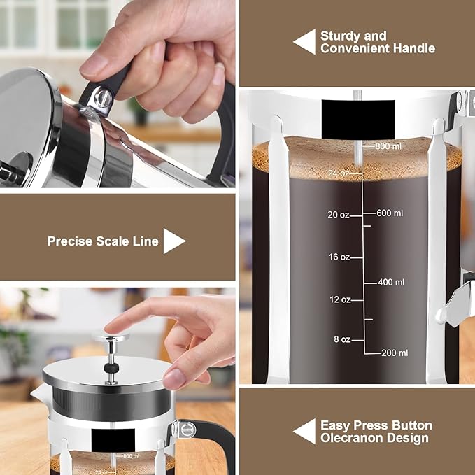 French Press Coffee Maker,34oz 304 Stainless Steel with 2 Filter, Heat Resistant Durable, Easy to Clean, Borosilicate Glass Press, BPA Free Glass TeaPot-34 Ounce 1 Liter (Chrome)