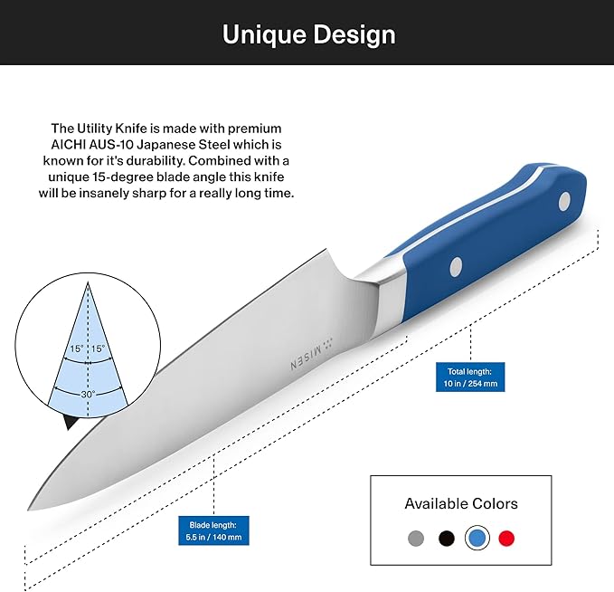 Misen 5.5" Utility Knife – High Carbon Japanese AUS-10 Stainless Steel – Hybrid German & Japanese Blade – Precision Kitchen Knife for Professionals & Home Cooks – Ultimate Cutting Performance - Blue