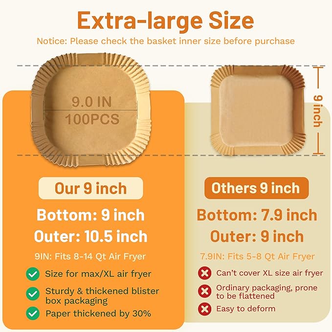 Air Fryer Disposable Paper Liner, Natural Baking Parchment Paper Air fryer liners,Thickened Oil-Proof High Temperature,for Air Fryers,Ovens,Pan and Microwaves (9inch-XL-Thick, square-Brown)