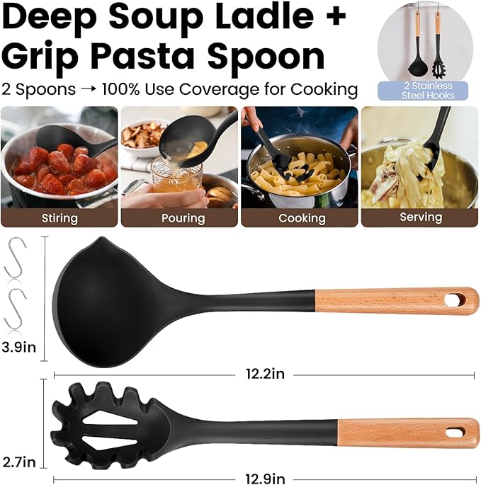 Silicone Soup Ladle Spoon, Kitchen Soup Cooking Spoons Set, Large Spaghetti spoon, Nonstick Pasta Spoon, Heat Resistant Pasta Fork for Serving Soup, Noodle, Sauce
