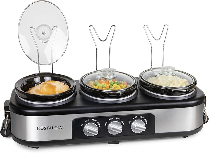 HomeCraft Nostalgia Stainless Steel 3-Station 1.5-Quart Oval Slow Cooker Buffet, With Lid & Spoon Rest, Adjustable Heat Control, Perfect for Parties, Holidays, Families