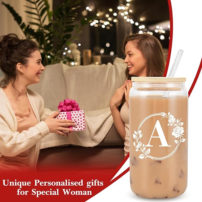 Birthday Gifts for Women, Monogrammed Initial Glass Cup Personalized Gifts for Women, 16oz Glass Cups with Lids and Straws, Iced Coffee Cup, Beer Can Shaped Glass - Gifts for Christmas, Birthday, A