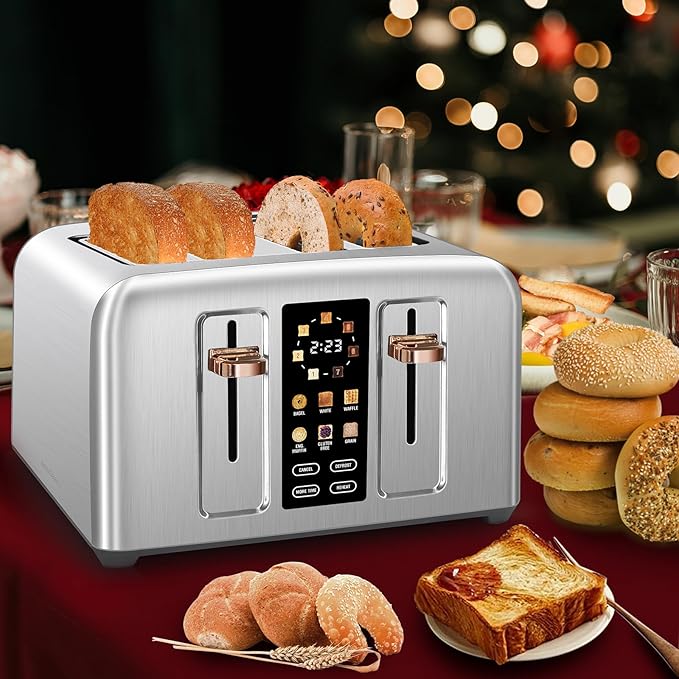 SEEDEEM Toaster 4 Slice, Full Touch control Toaster, LCD Display, 6 Bread Type, 7 Shade Settings, 1.4''Wide Slots，More Time Function, Removable Crumb Tray, 1800W, Silver Metallic