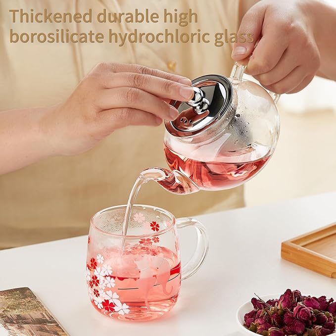Glass Teapot with Removable Infuser, 27 oz/800ml Glass Tea Pot Small Borosilicate Tea Steeper Kettle with Loose Leaf Tea Strainer For Flower Blooming Tea, ClearTea Maker Pitcher