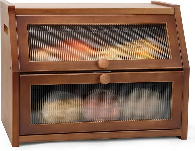 Large Bread Box for Kitchen Countertop, Wooden Bread Bin with Double Layer Storage and 0.6-inch Thick Natural Wood Panels, Rustic Bread Box Organizer for Kitchen (Retro Brown)