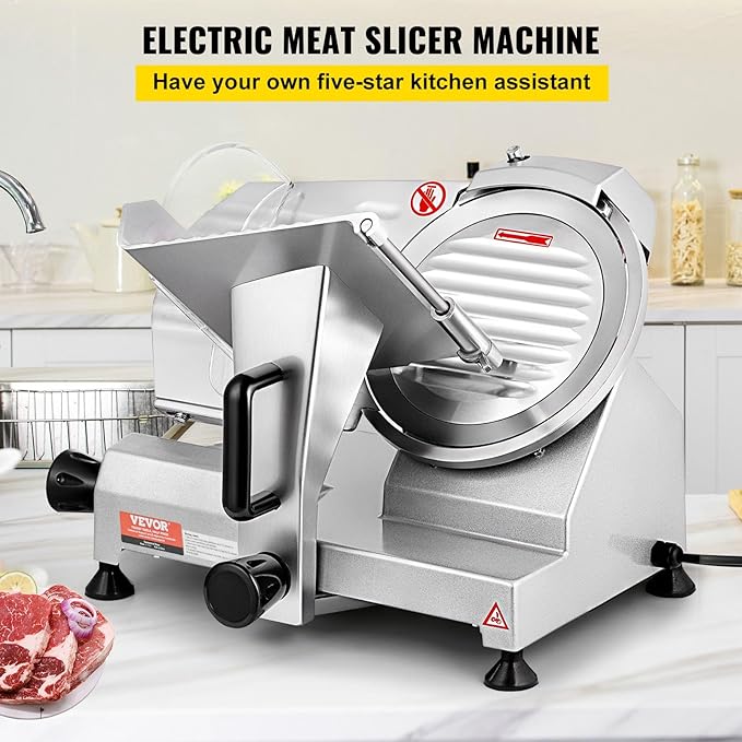 VEVOR Commercial Meat Slicer, 200W Electric Deli Food Slicer, 0-12mm Adjustable Thickness Electric Meat Slicer, 350-400RPM Slicer with 8.7'' Chromium-plated Steel Blade for Home & Commercial Use