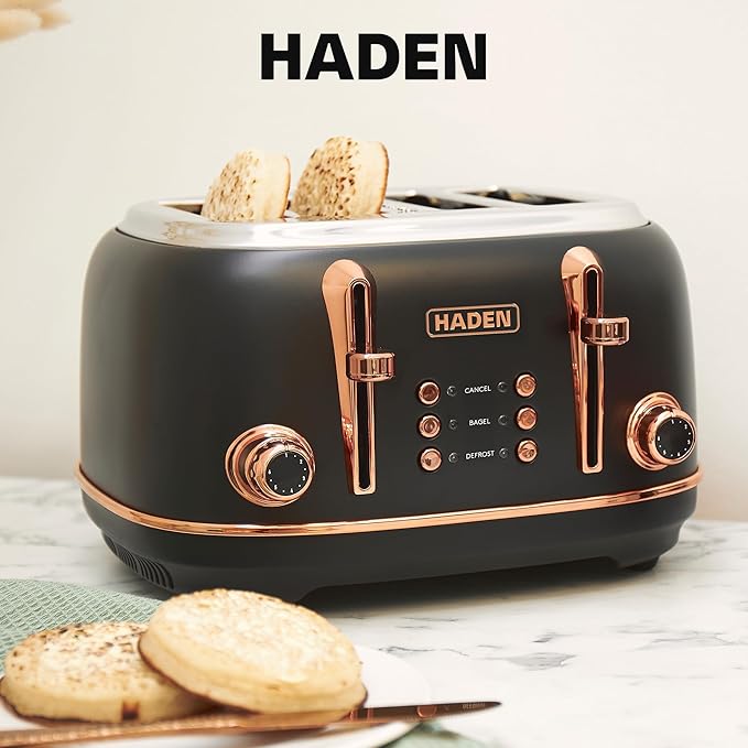 HADEN Heritage 4-Slice Toaster with Extra Wide Slots, 1500-Watt, Black & Copper - Retro Stainless Steel Design with Self-Centering Function, Adjustable Browning Control & Removable Crumb Tray
