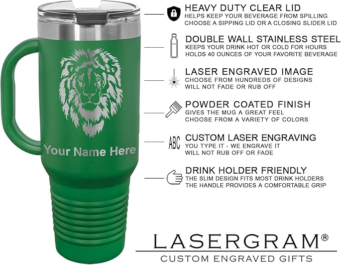 LaserGram 40oz Vacuum Insulated Travel Mug with Handle, Sushi, Personalized Engraving Included (Green)