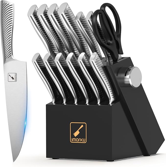 imarku 14-Piece Knife Block Set, Knife Set with Block and Build-in Sharpener, Japanese Stainless Steel Knife Set for Lasting Sharpness, Dishwasher Safe, Black