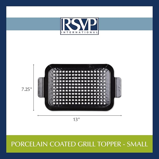 RSVP International Porcelain Coated Steel BBQ Grill Tray/Pan, Outdoor Barbeque Grilling Accessories for Cooking Fish & Vegetables, Dishwasher Safe, Small, 13x7.25