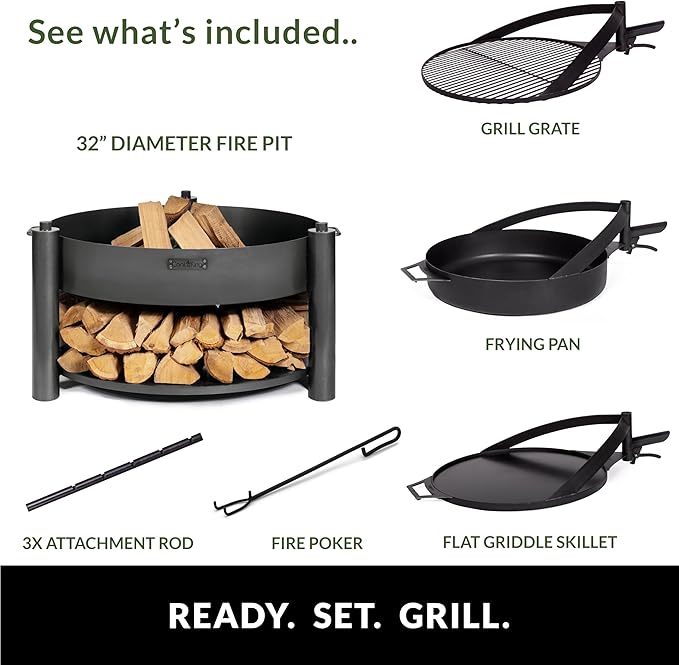 Grand Hearth 32" Cooking Fire Pit, Deluxe 3-in-1 Grill Plate, Griddle Skillet Set, Rods, Frying Pan Set, Backyard BBQ Grilling Campfire, Handcrafted, Large Outdoor Steel Firepit by Good Directions