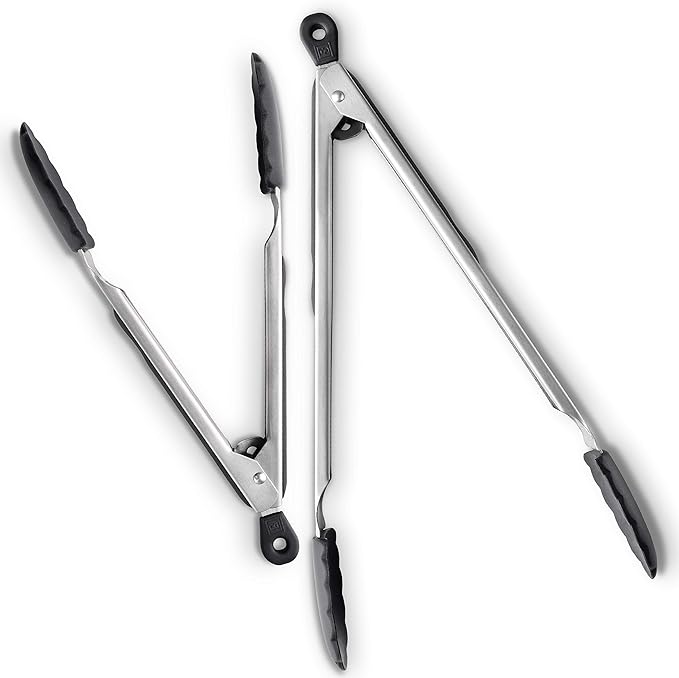 DI ORO Silicone Tongs for Cooking - Heat-Resistant Kitchen Tongs for Cooking with Silicone Tips - Small 9" & Large 12" for Nonstick Cookware - Stainless Steel Rubber Tipped (2pc, Black)