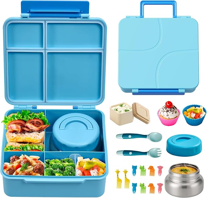 JSLOVE Bento Lunch Box with Leak Proof Thermos Food Jar for Kids, Food Lunch Containers for Boys with 4 Compartments, BPA-Free with Utensils, Food Picks, Sauce Jar & Silicone Lunch Box Dividers