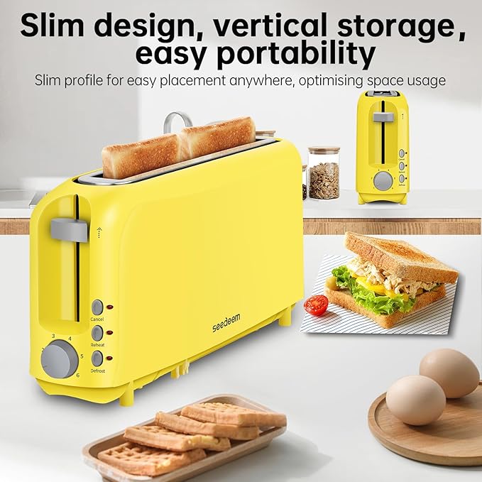 SEEDEEM 2 Slice Slim Toaster, Single 10" Long Slot Toaster Fits Bagels & Artisan Bread, 6 Shade Settings, Cancel/Reheat/Defrost, Removable Crumb Tray, Auto Shut-Off, Yellow