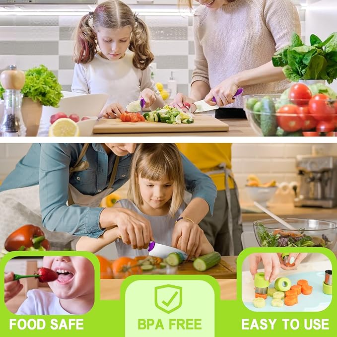 Kibbidea 13 Pcs Kids Kitchen Knife Set, Kids Cooking Sets Real with Cutting Board, Peeler, Serrated Edges Stainless Steel Toddler Safe Knife, Sandwich Cutter (Green)