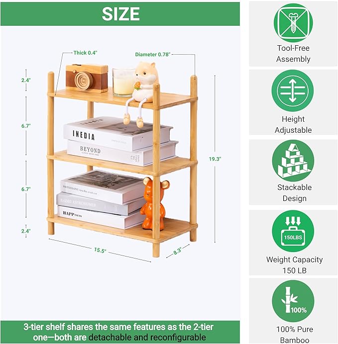 Expandable Bamboo Desktop Organizer Shelf Kitchen Cabinet and Counter Riser Display Shelf for Top of Desk Home Office Bathroom Coffee Table Display Stand- Useful Home & Housewarming Gift